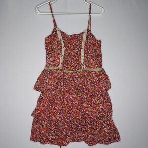 Y2K Dress Medium Tiered Ditsy Floral Coset Lace Embroidery Smock Spaghetti Strap